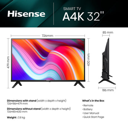 Hisense 32" A4K HD Smart LED TV With Dolby Digital & Digital Tuner