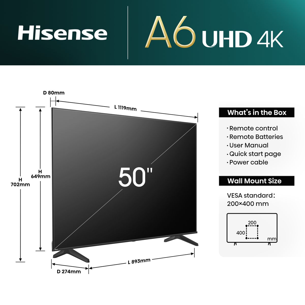 Hisense 50" A6N 4K Smart UHD TV with HDR & Dolby Vision
Hisense