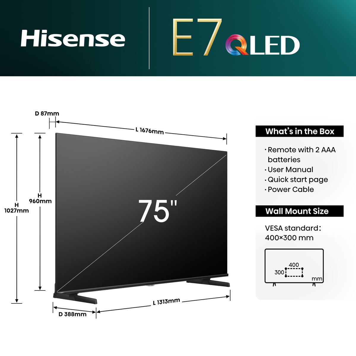 Hisense 75" E7N 4K Smart UHD QLED with Quantum Dot TV & Dolby Vision